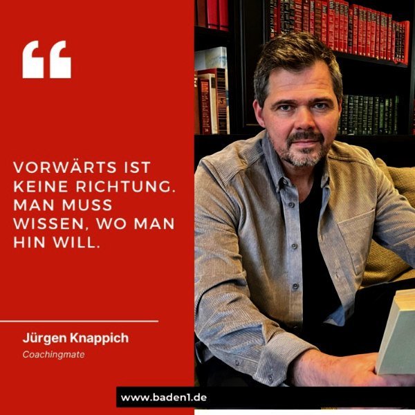 Interviewgrafik von Baden1 mit einem Porträt von Jürgen Knappich und einem Zitat zur Orientierung